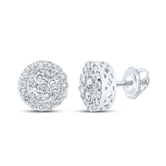 14kt White Gold Mens Round Diamond Cluster Earrings 7/8 Cttw