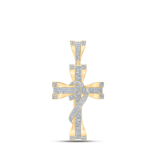 10kt Yellow Gold Mens Round Diamond Cross Charm Pendant 1 Cttw