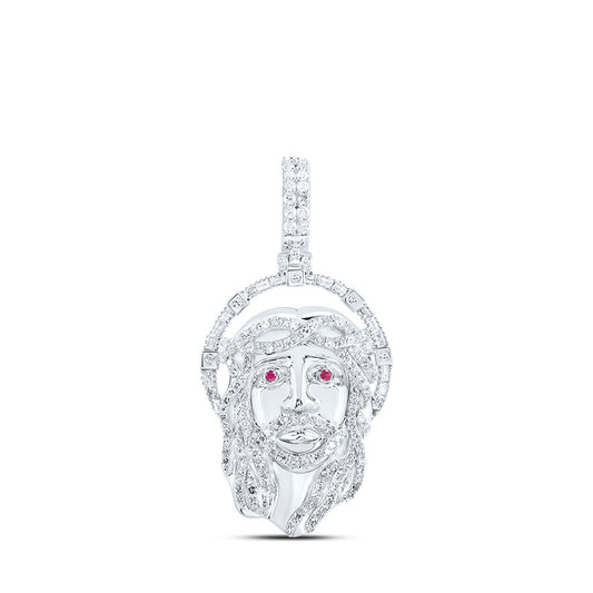 10kt White Gold Mens Round Diamond Ruby Jesus Face Charm Pendant 1 Cttw