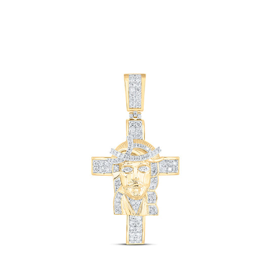 10kt Yellow Gold Mens Round Diamond Jesus Cross Charm Pendant 1 Cttw