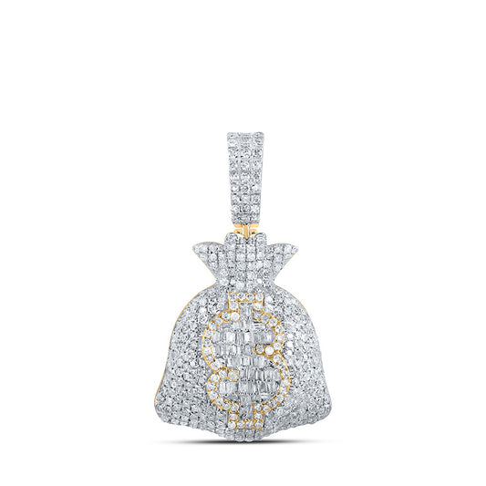 10kt Yellow Gold Mens Round Diamond Money Bag Dollar Charm Pendant 1-7/8 Cttw