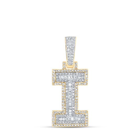 10kt Yellow Gold Mens Baguette Diamond I Initial Letter Charm Pendant 1/2 Cttw