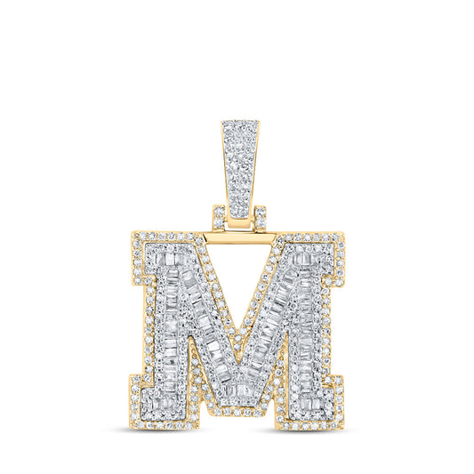 10kt Yellow Gold Mens Baguette Diamond M Initial Letter Charm Pendant 7/8 Cttw