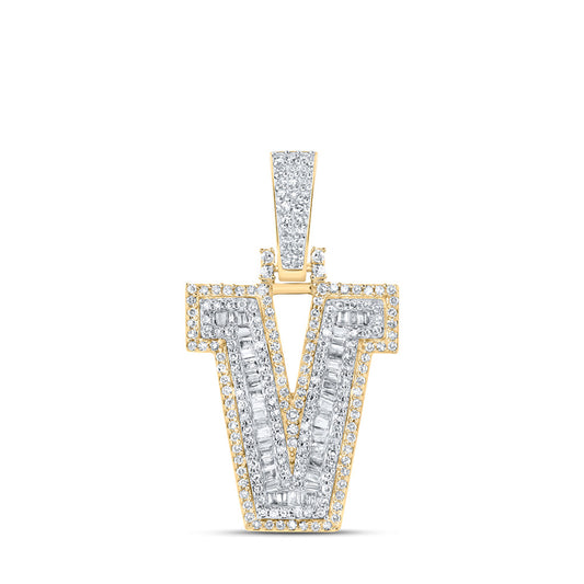 10kt Yellow Gold Mens Baguette Diamond V Initial Letter Charm Pendant 5/8 Cttw
