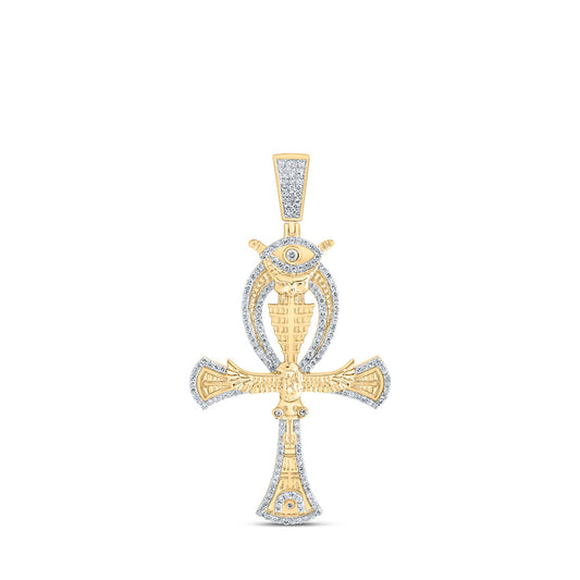 10kt Yellow Gold Mens Round Diamond Ankh Eye Cross Charm Pendant 1-1/5 Cttw