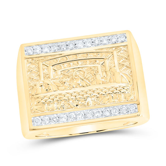 10kt Yellow Gold Mens Round Diamond Last Supper Square Ring 1/3 Cttw