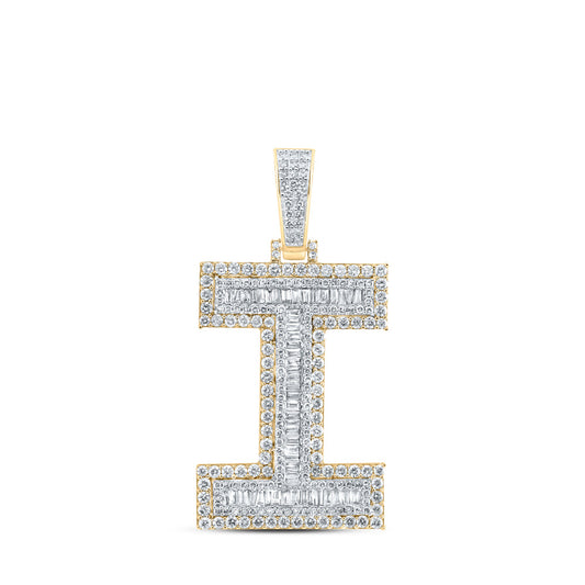 10kt Yellow Gold Mens Baguette Diamond I Initial Letter Charm Pendant 2-7/8 Cttw