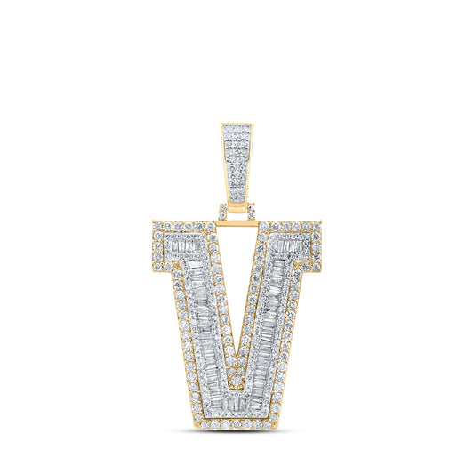 10kt Yellow Gold Mens Baguette Diamond V Initial Letter Charm Pendant 2-3/4 Cttw