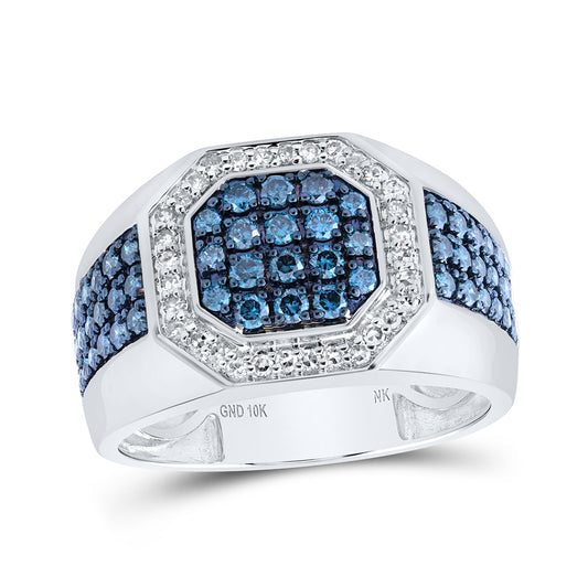 10kt White Gold Mens Round Blue Color Treated Diamond Octagon Ring 1-1/5 Cttw