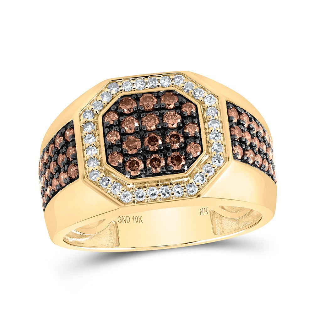 10kt Yellow Gold Mens Round Brown Diamond Octagon Ring 1-1/5 Cttw