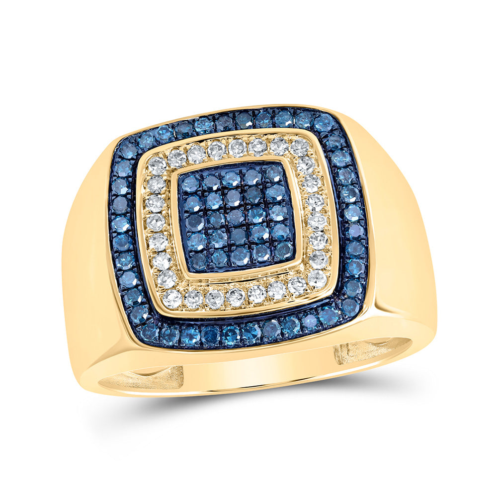 10kt Yellow Gold Mens Round Blue Color Treated Diamond Square Ring 3/4 Cttw