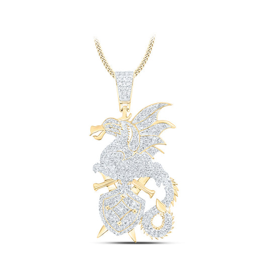 10kt Yellow Gold Mens Round Diamond Dragon Sword Shield Charm Pendant 1-5/8 Cttw