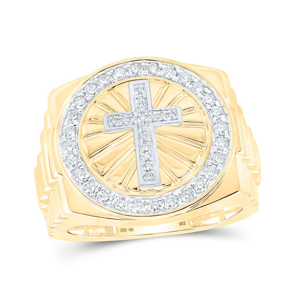 10kt Yellow Gold Mens Round Diamond Cross Circle Ring 1/2 Cttw