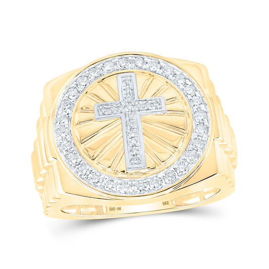 10kt Yellow Gold Mens Round Diamond Cross Circle Ring 1/2 Cttw