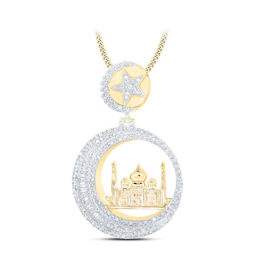 10kt Yellow Gold Mens Round Diamond Crescent Star Mosque Masjid Charm Pendant 2 Cttw