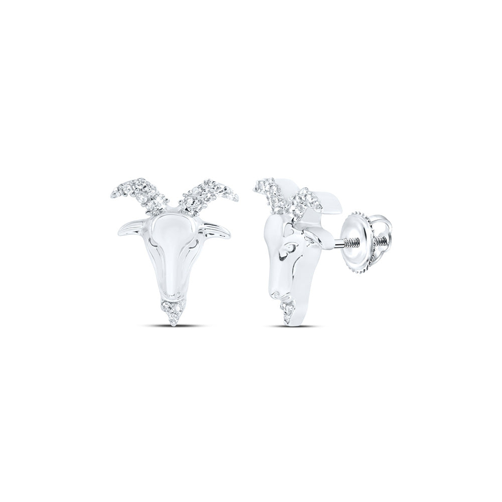 10kt White Gold Mens Round Diamond Zodiac Aries Goat Stud Earrings 1/10 Cttw