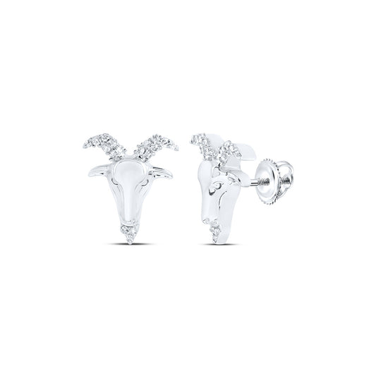 10kt White Gold Mens Round Diamond Zodiac Aries Goat Stud Earrings 1/10 Cttw