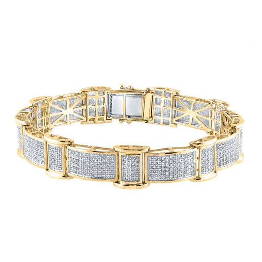 10kt Yellow Gold Mens Round Diamond Rectangle Link Bracelet 2-5/8 Cttw