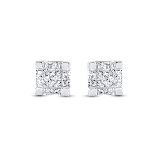 Sterling Silver Mens Round Diamond 3D Cube Square Earrings 1/20 Cttw